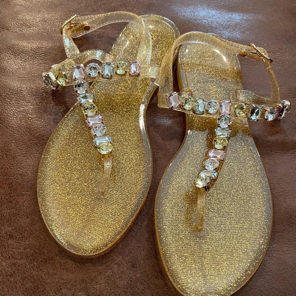 Stuart Weitzman Gold T-Strap Sandals with Rhinestone Embellishments